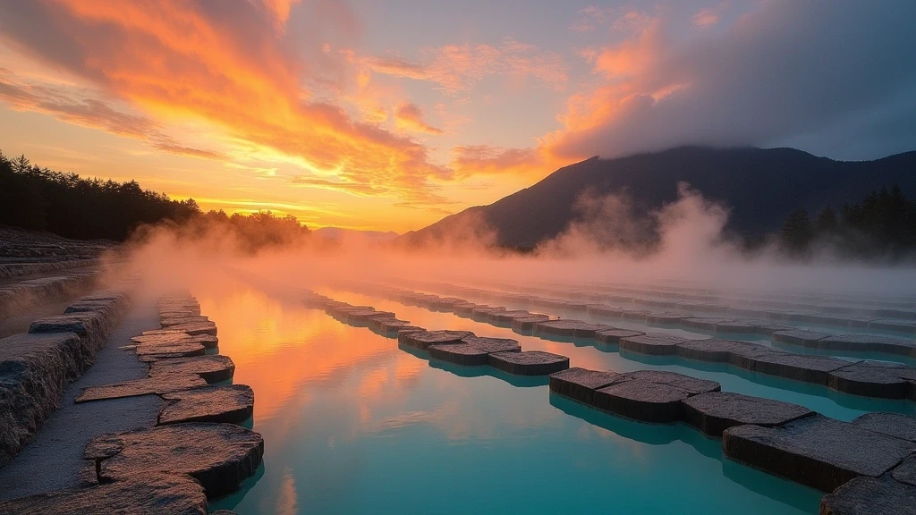 Sonnenuntergang über dem Yubatake-Onsen-Feld in Kusatsu mit aufsteigendem Dampf und warmem Licht