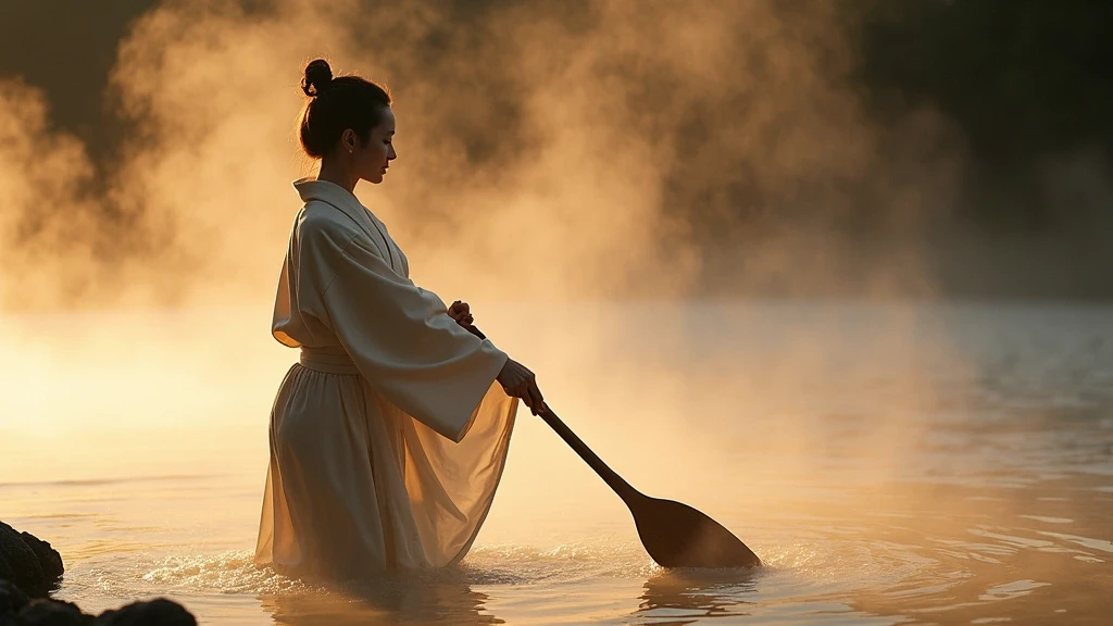 Elegante Frau im Kimono führt Yumomi-Wasserkühlungsritual am Yubatake in Kusatsu durch
