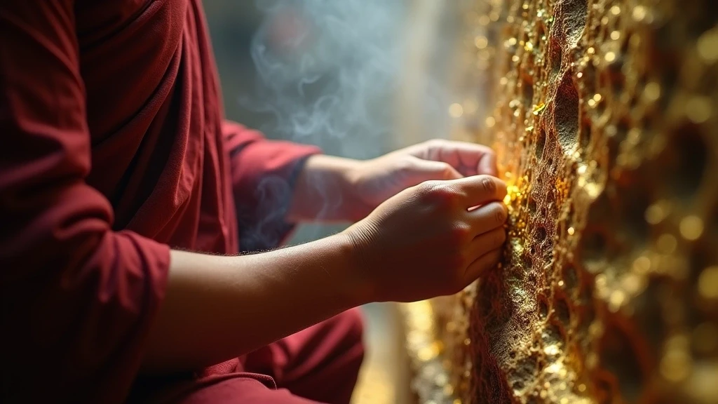 Moench appliziert Blattgold auf Goldenen Felsen in Kyaiktiyo, kulturelles Ritual