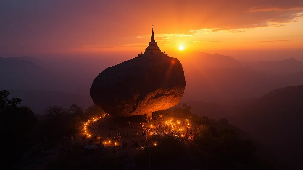 Sonnenuntergang ueber dem Goldenen Felsen in Kyaiktiyo mit dramatischem Himmel