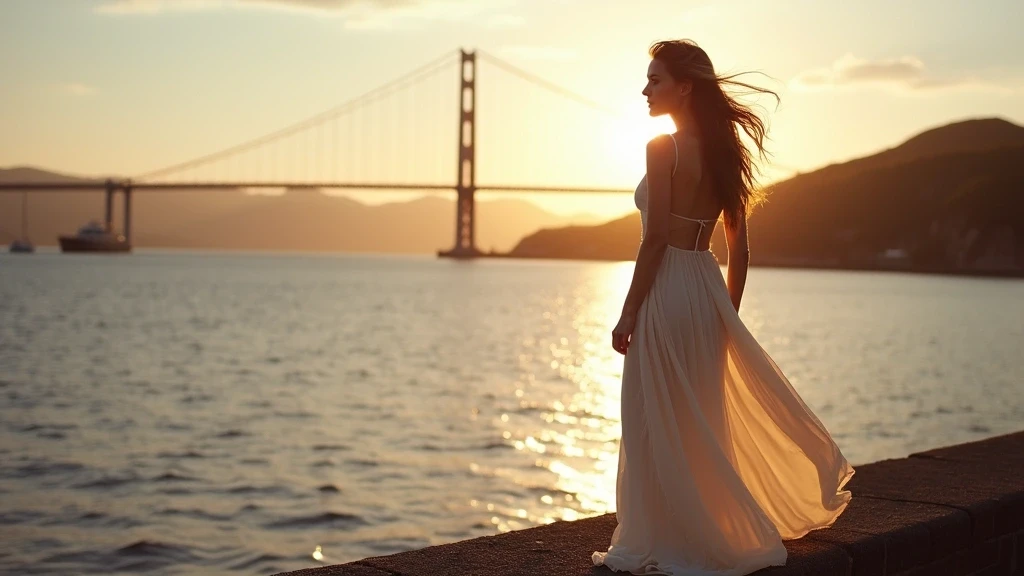 Elegante Frau am Hafen von Kyle of Lochalsh mit Blick auf die Skye Bridge in Schottland