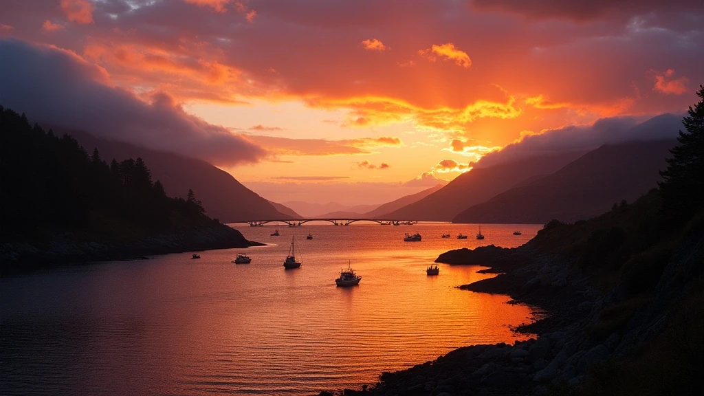 Dramatischer Sonnenuntergang über den Meerengen von Kyle of Lochalsh mit Skye Bridge in Schottland