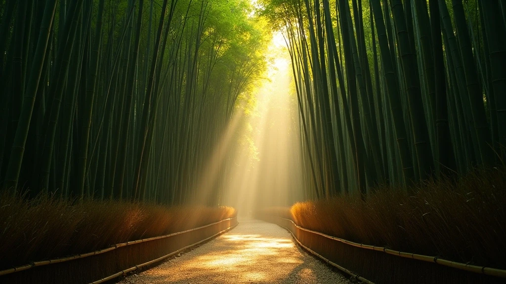 Arashiyama Bamboo Grove in Kyoto bei Sonnenaufgang mit mystischem Licht und Nebel