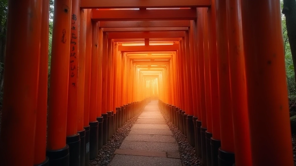 Fushimi Inari Schrein in Kyoto bei Sonnenuntergang mit tausenden roten Torii-Toren