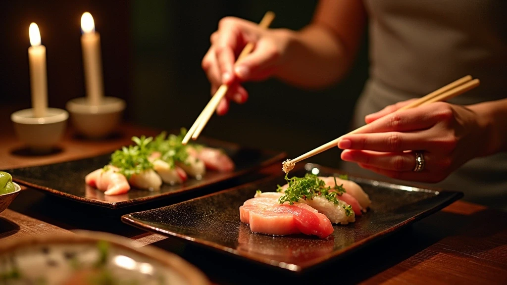 Exquisites Kaiseki-Menue in Kyotoer Ryokan bei Kerzenlicht auf Lackgeschirr praesentiert