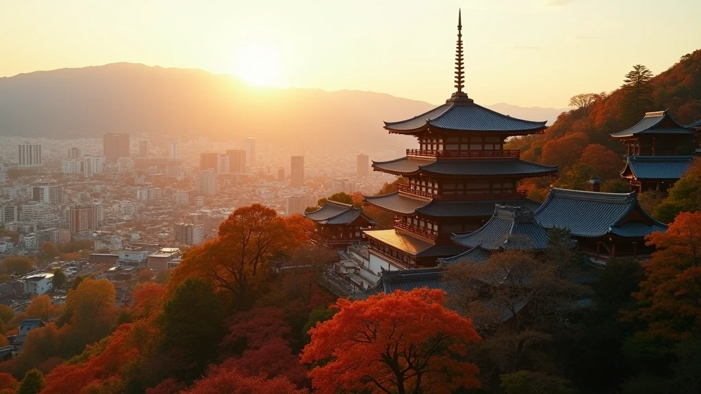 Luftaufnahme des Kiyomizu-dera Tempels in Kyoto zur goldenen Stunde mit Blick ueber die historische Stadt
