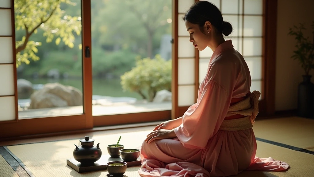 Elegante Frau in Kimono bei traditioneller Teezeremonie in Kyoto mit Blick auf Zen-Garten