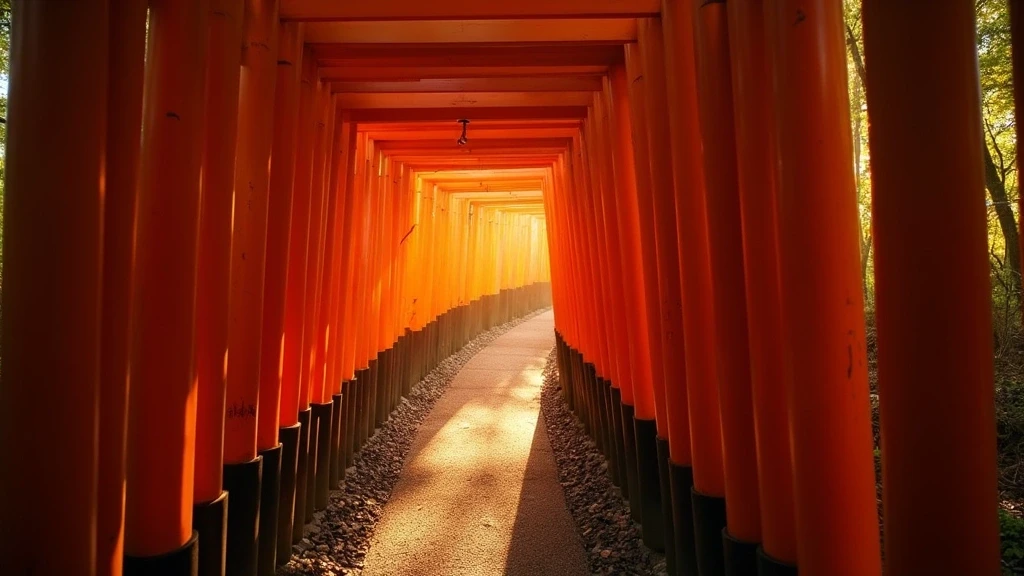 Fushimi Inari Taisha Torii-Tunnel im Wald bei goldenem Licht
