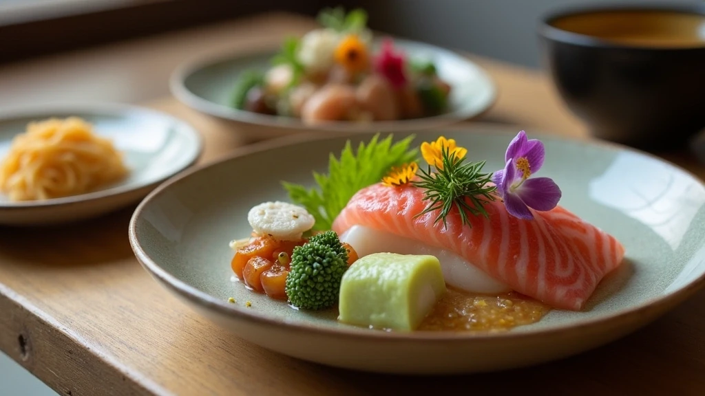 Kaiseki-Kueche auf handgemachten Keramiktellern in Kyoto Ryokan