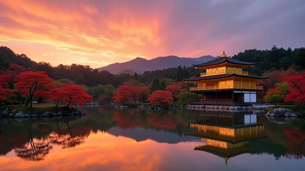 Panorama des Kinkaku-ji Goldenen Pavillons im Spiegelteich bei Sonnenuntergang