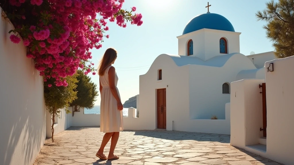 Traditionelle weiße Kirche mit blauer Kuppel in Kythnos mit Bougainvillea