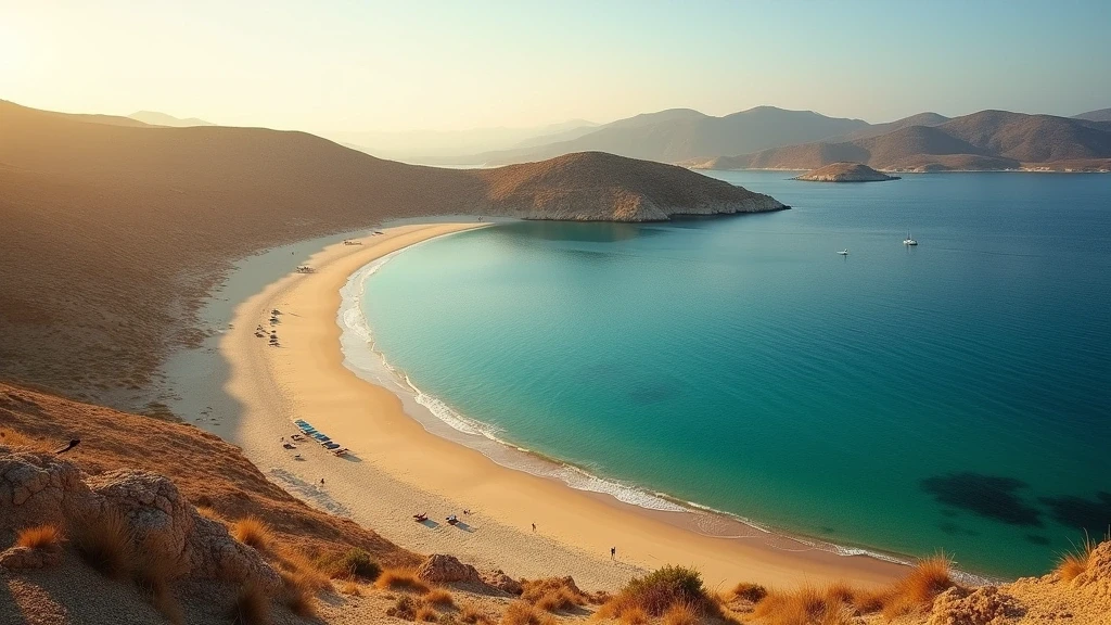 Panoramablick auf Kolona Strand in Kythnos mit doppelseitigem Sandstreifen