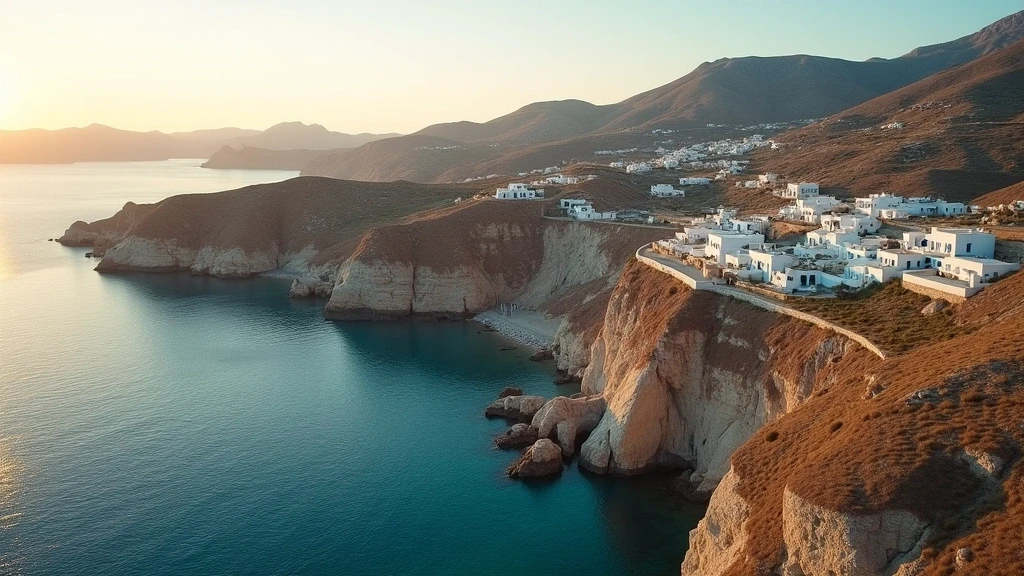 Luftaufnahme der zerklüfteten Küste von Kythnos mit traditioneller Architektur zur goldenen Stunde