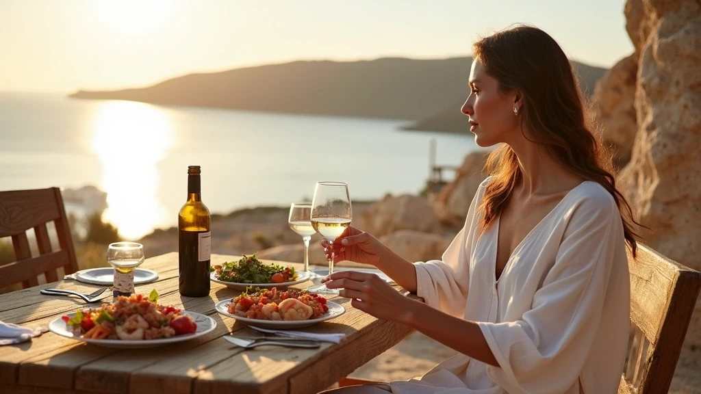 Elegante Frau genießt Meze in Strandtaverne auf Kythnos zur goldenen Stunde
