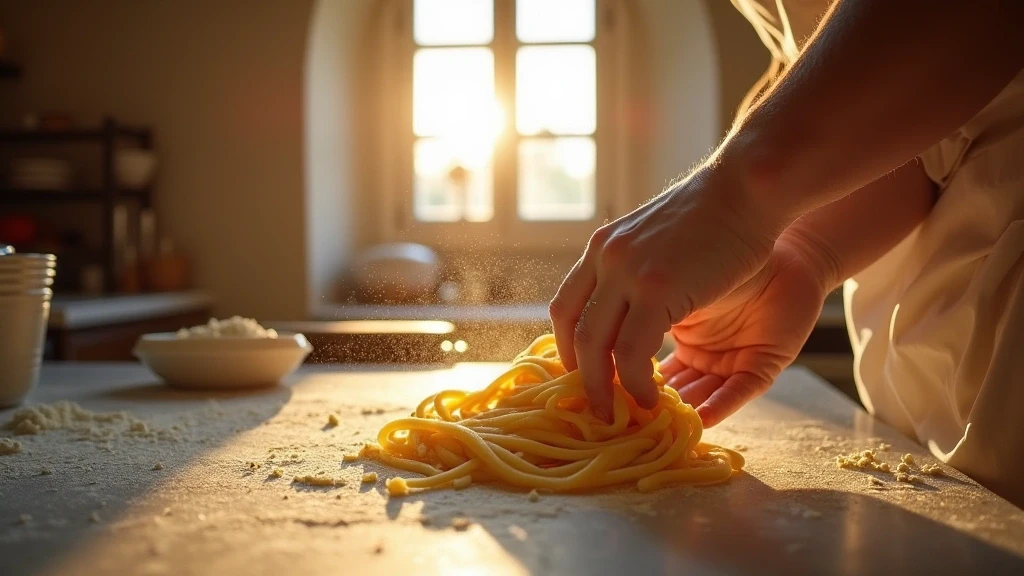 Haende bereiten frische Pasta in historischer Villa-Kueche in La Dimora Antica zu