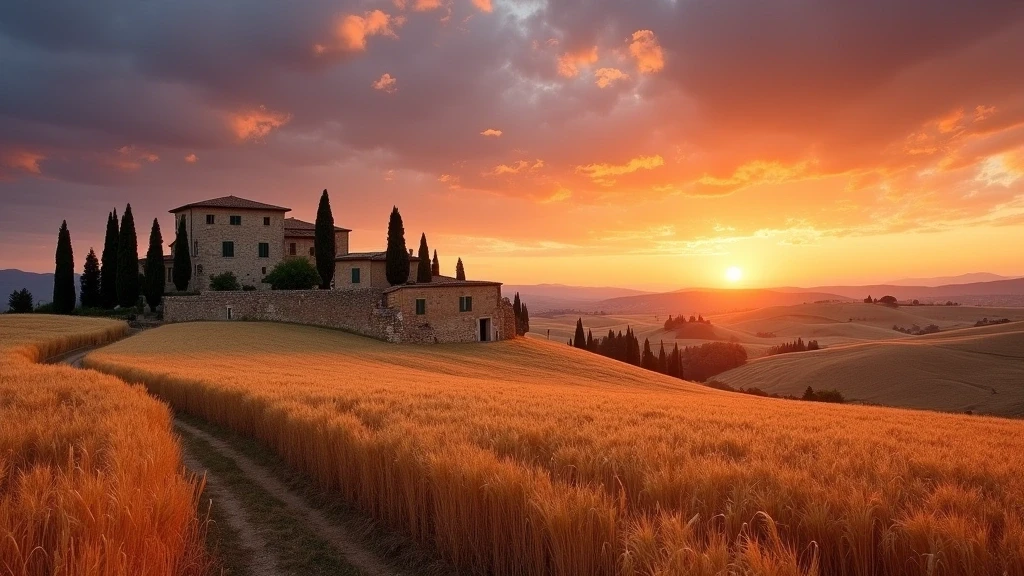 Panoramablick auf Weizenfelder und Zypressen bei Sonnenuntergang in La Dimora Antica, Toskana