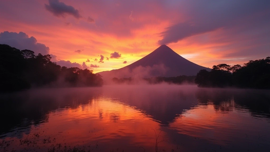 Sonnenuntergang ueber dem Arenal Vulkan und dem Arenal See in La Fortuna, Costa Rica