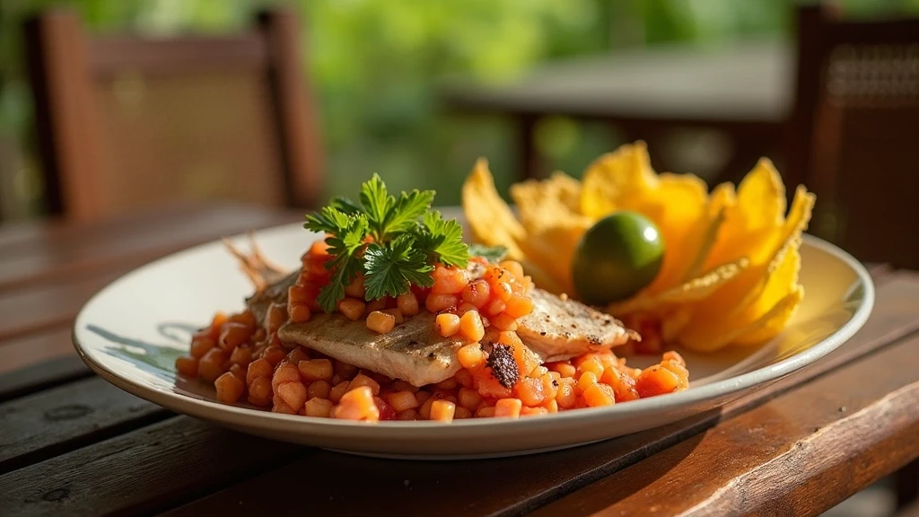 Detailaufnahme von frischem Ceviche und tropischen Fruechten in La Fortuna, Costa Rica