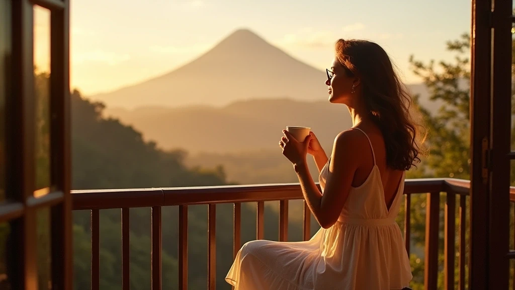 Elegante Frau geniesst Kaffee mit Blick auf den Arenal Vulkan in La Fortuna