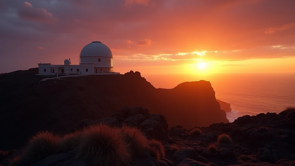 Sonnenuntergang ueber vulkanischen Felsformationen und Sternwarte auf La Gomera zur goldenen Stunde