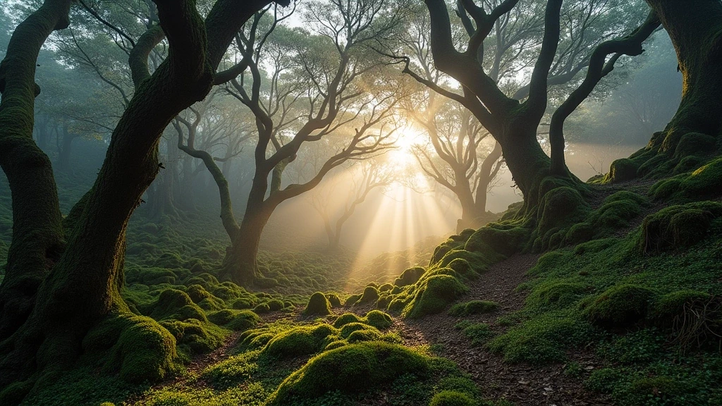 Panoramablick auf den urzeitlichen Lorbeerwald im Urwald-Sternwarte auf La Gomera mit Morgennebel