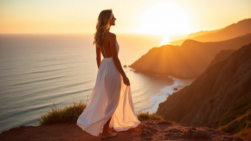 Elegante Frau genießt Sonnenuntergang an der vulkanischen Küste von La Palma Küsten-Sternwarte
