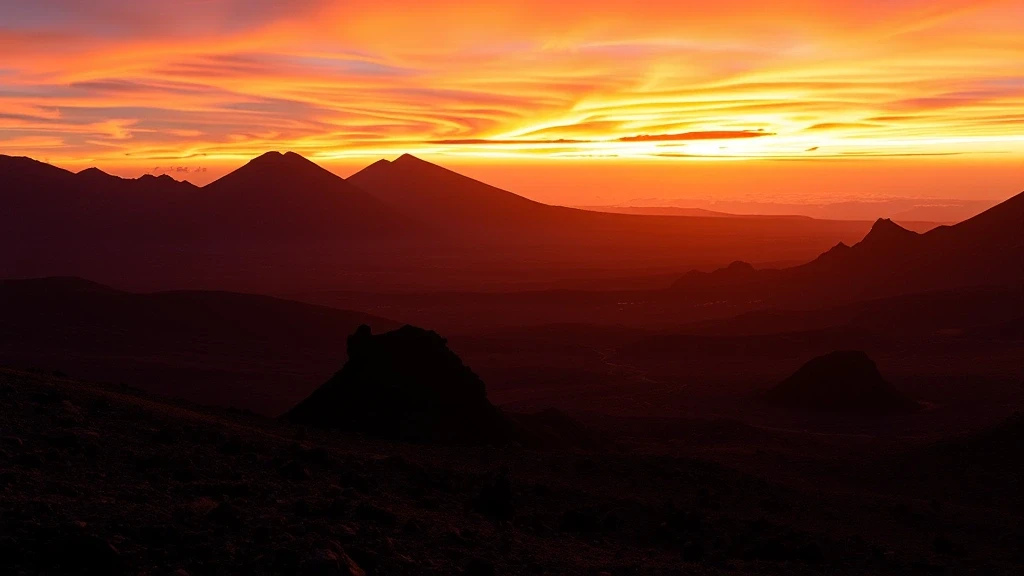 Sonnenuntergang ueber der Ruta de los Volcanes auf La Palma mit vulkanischen Kegeln