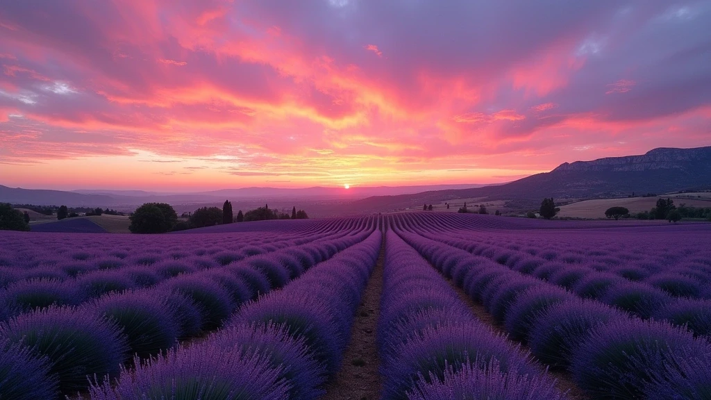 Panorama der Lavendelfelder in Lacoste bei Sonnenuntergang mit Luberon-Bergen im Hintergrund