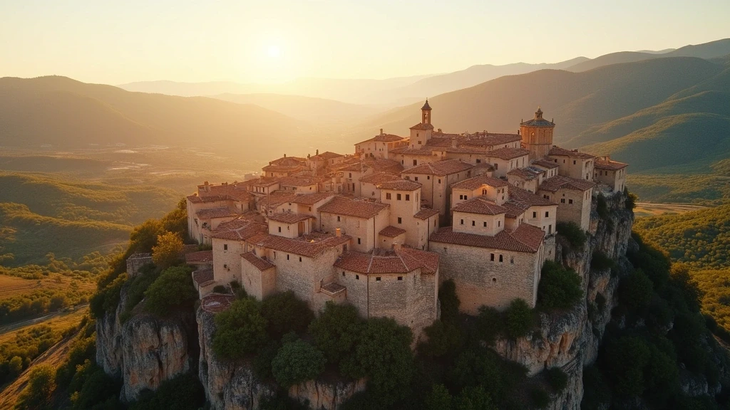 Luftaufnahme des mittelalterlichen Bergdorfs Lacoste in der Provence zur goldenen Stunde mit Lavendelfeldern