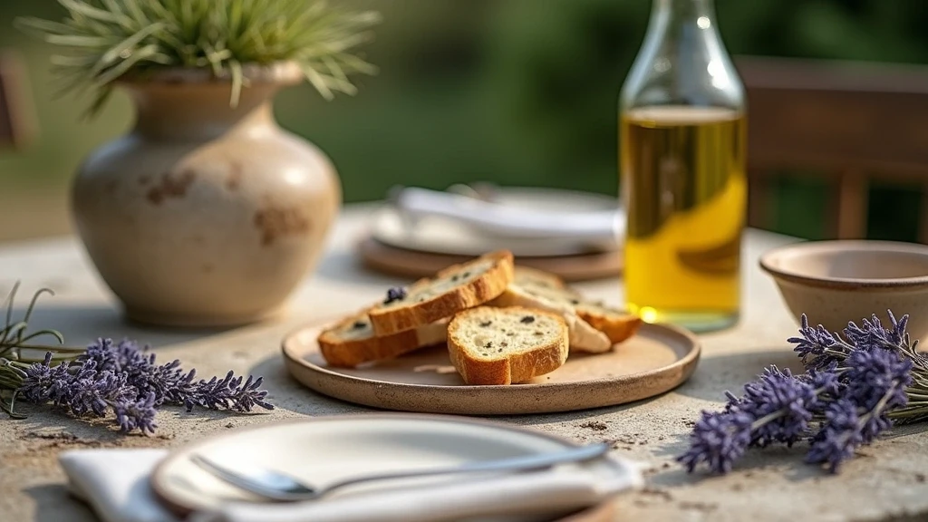Artisanelle Provence-Tischdekoration in Lacoste mit Keramik, Lavendel und Olivenoel