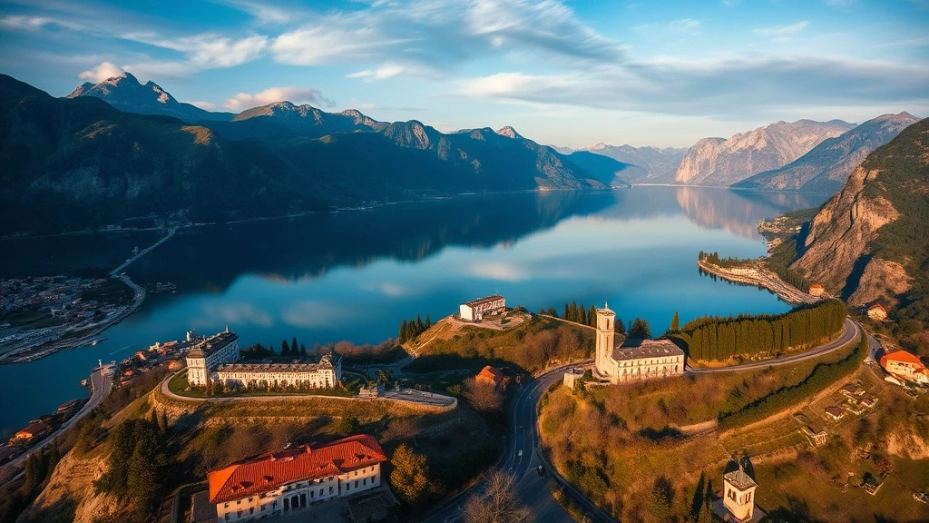 Dramatische Luftaufnahme des Lago di Como mit Alpenreflexionen zur goldenen Stunde in Italien