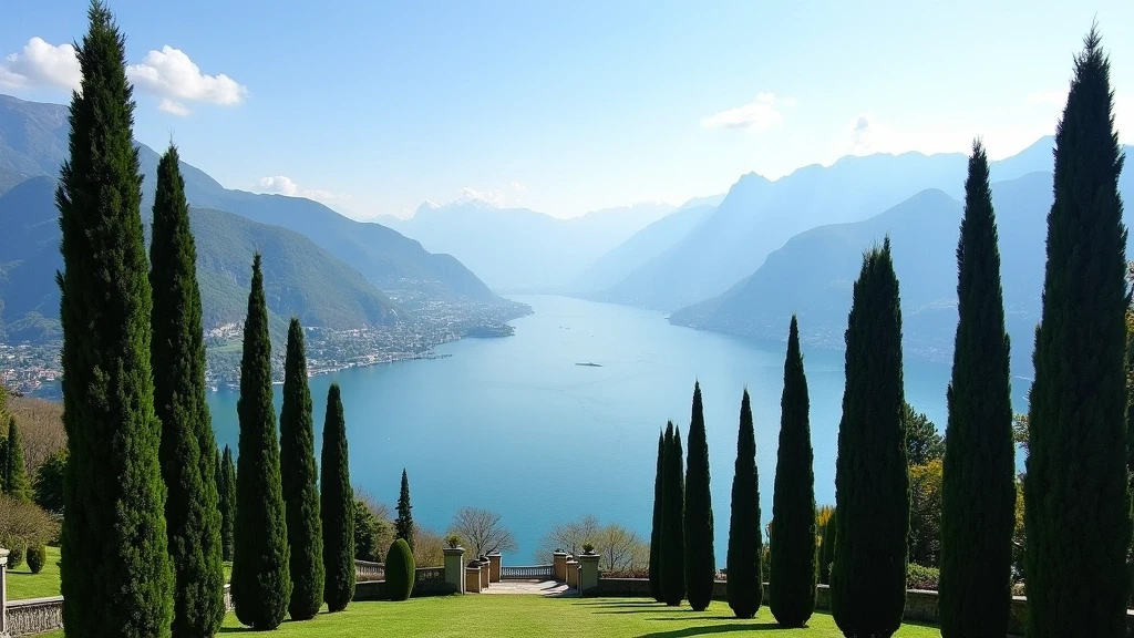 Panoramablick auf Lago di Como von Villa del Balbianello mit Zypressen und Alpen in Italien