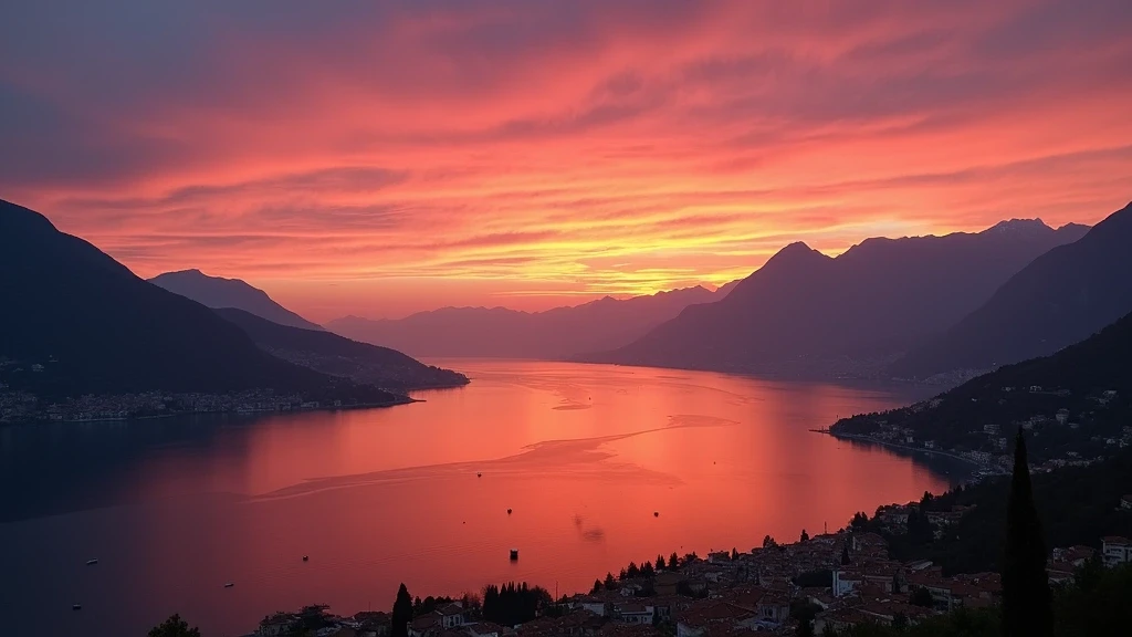Sonnenuntergang ueber Lago di Como mit Alpensilhouetten und Seespiegelung in Italien