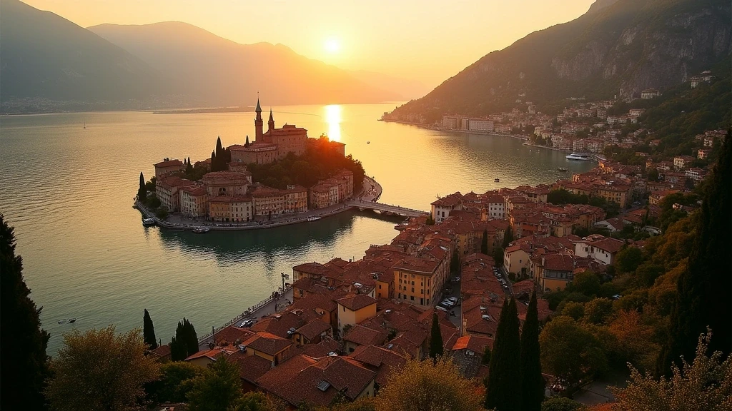 Goldene Stunde ueber der Bellagio-Halbinsel am Comer See mit Terrakottadaechern und Gaerten