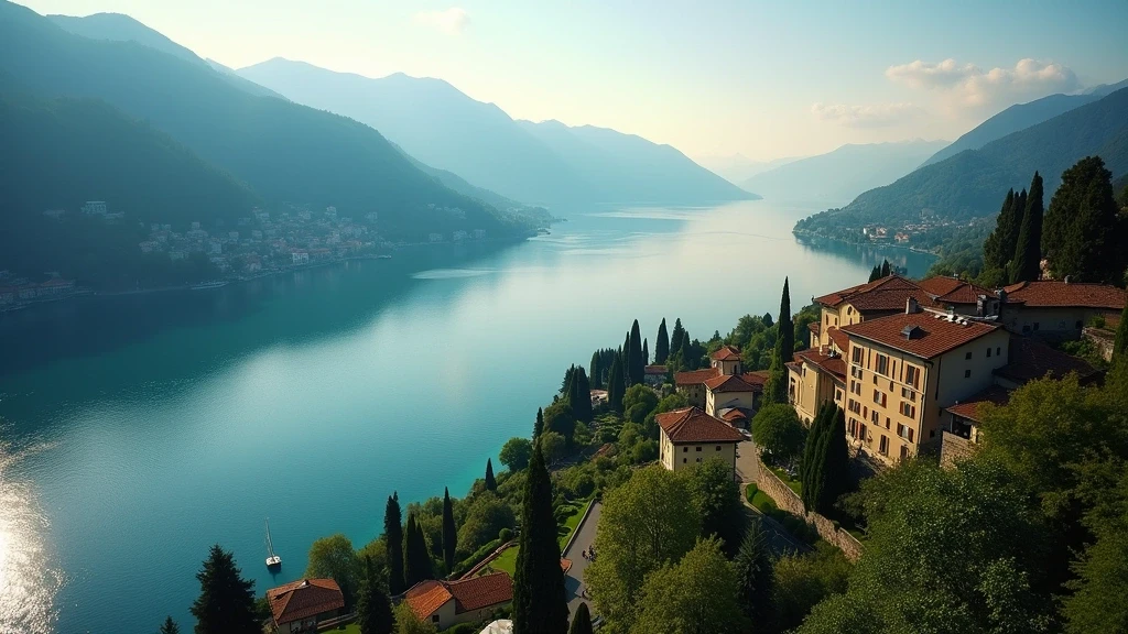 Dramatische Luftaufnahme des Comer Sees mit Alpenpanorama und historischen Villen zur goldenen Stunde