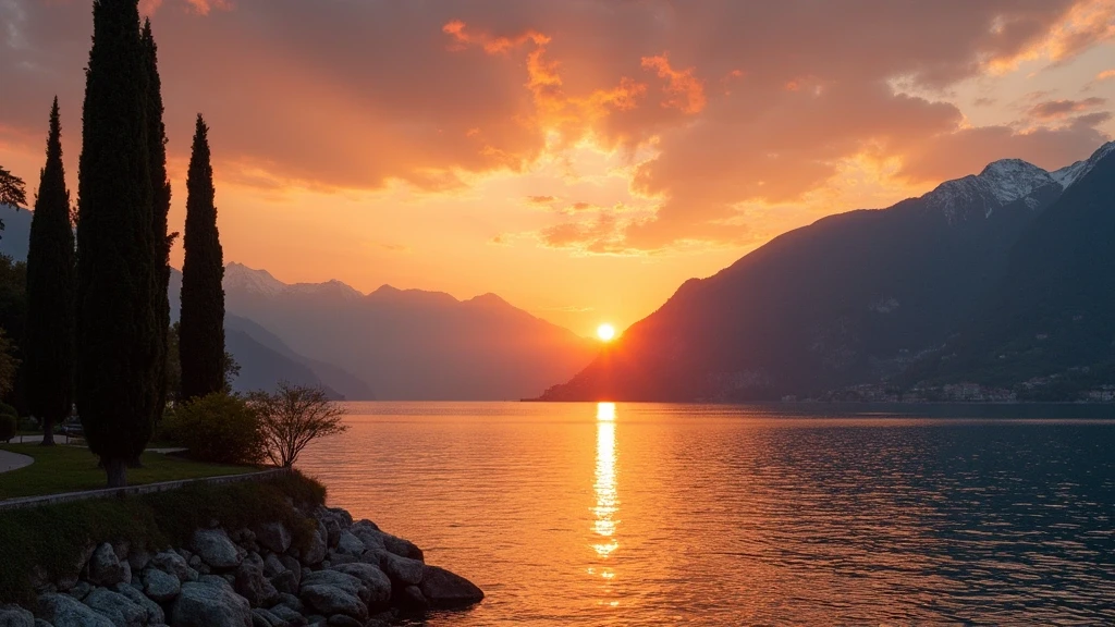 Panoramablick auf den Comer See bei Sonnenuntergang mit Alpenreflexionen und Zypressen