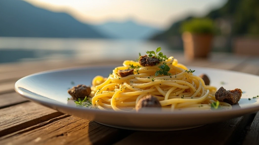 Handgemachte Pasta mit Truffeln auf rustikalem Tisch mit Blick auf den Comer See