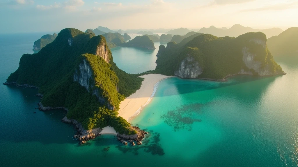 Luftaufnahme der 99 Inseln von Langkawi mit Kalksteinfelsen und Mangrovenwaeldern zur goldenen Stunde