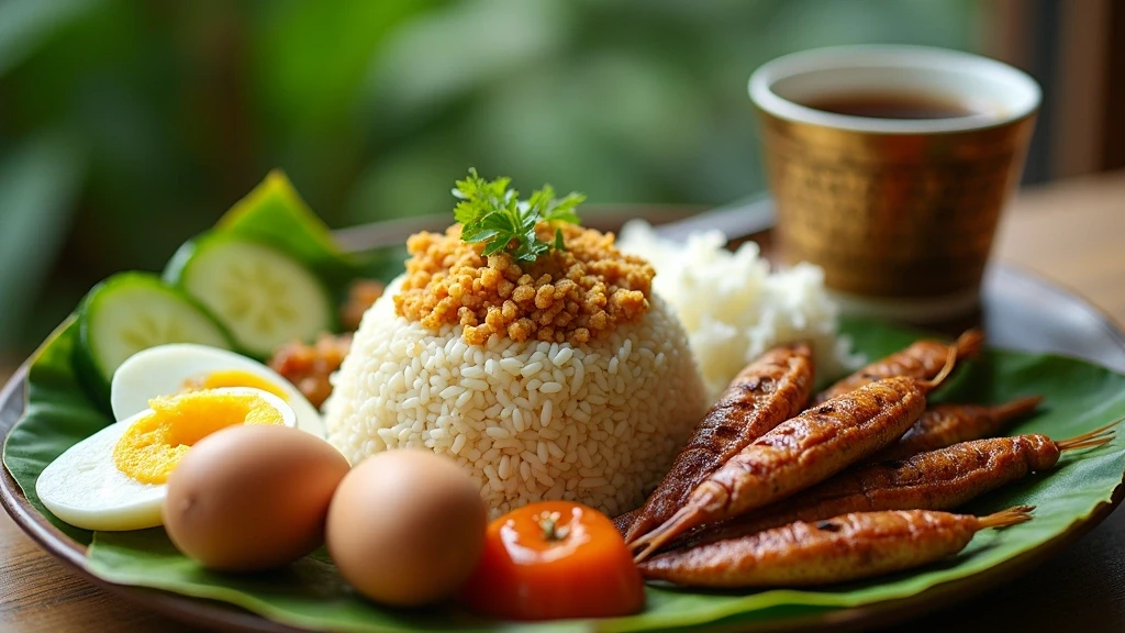 Traditionelles malaysisches Fruehstueck Nasi Lemak auf Bananenblatt in Langkawi Resort