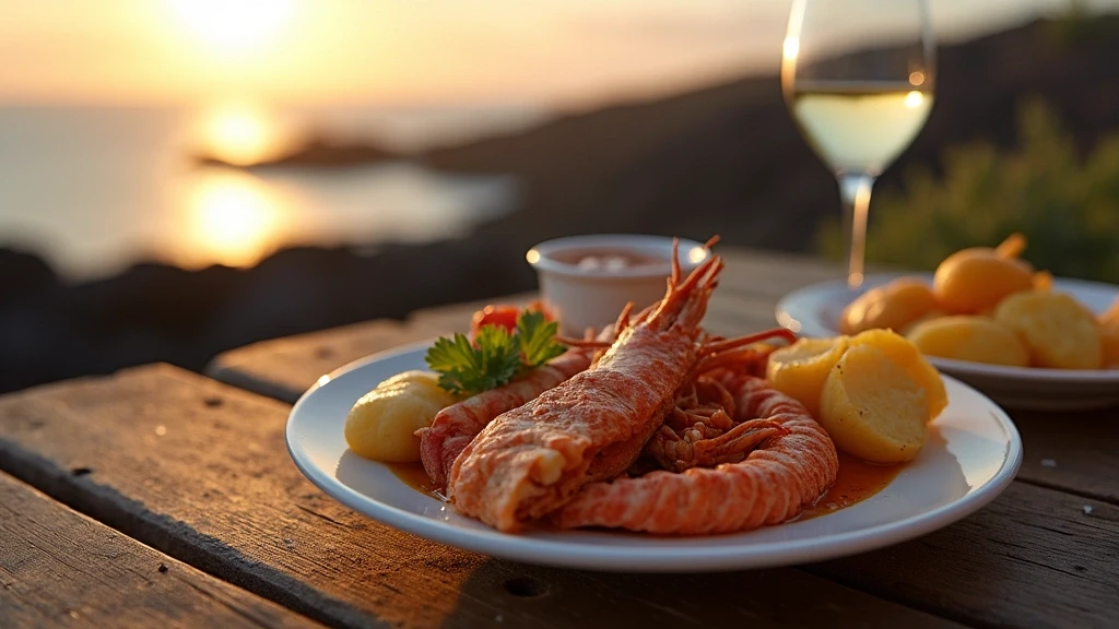 Detailaufnahme kanarischer Kueche mit Meeresfruechten vor Lavafeldern in Lanzarote