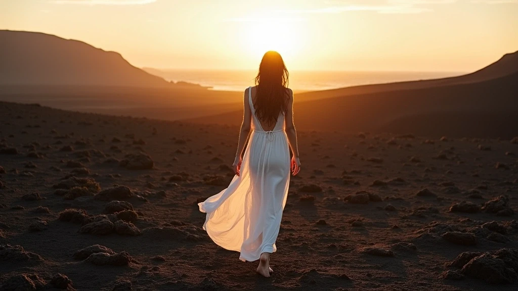 Elegante Frau im weissen Kleid geht barfuss durch die Lavafelder Lanzarotes zur goldenen Stunde