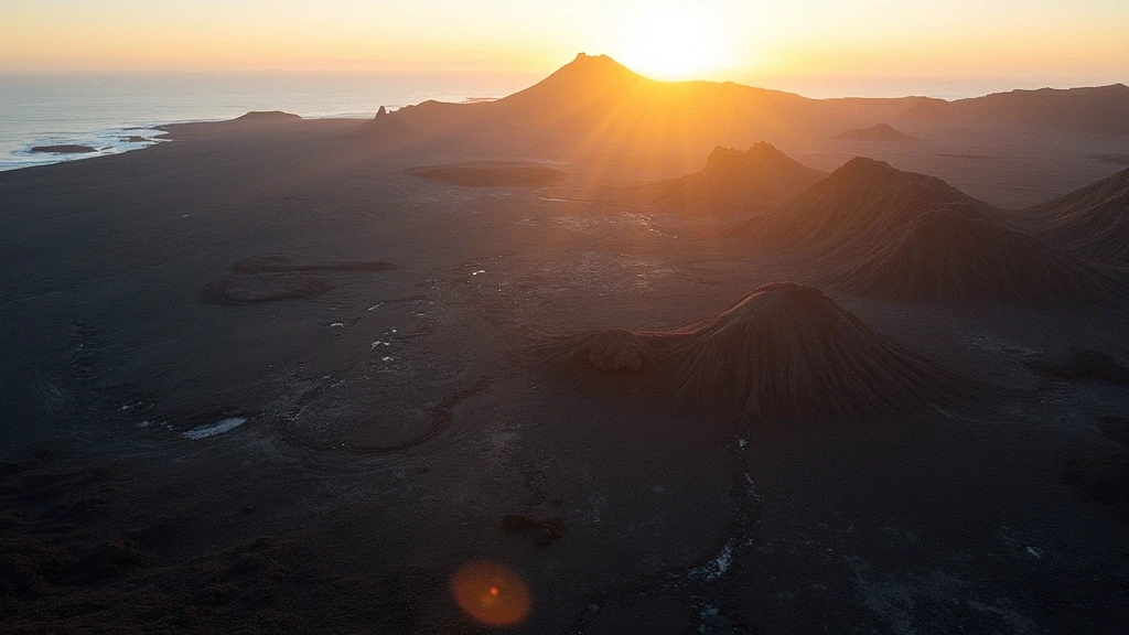 Dramatische Luftaufnahme der Lavafelder und Kraterlandschaft in Lanzarote zur goldenen Stunde