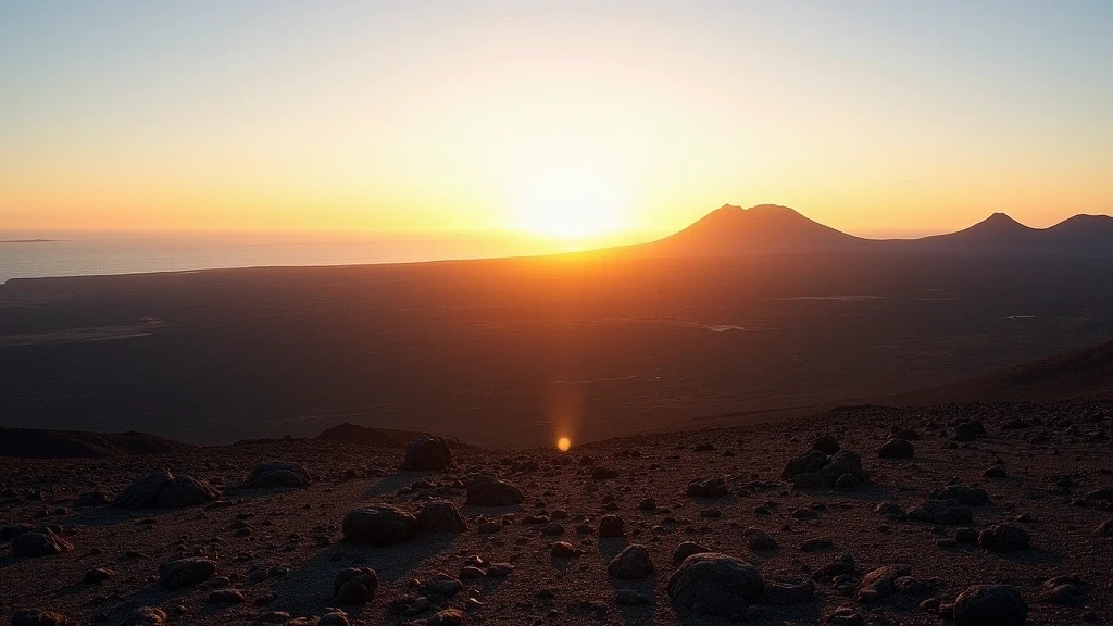 Panoramablick auf die schwarzen Lavafelder und Vulkankegel in Lanzarote zur goldenen Stunde