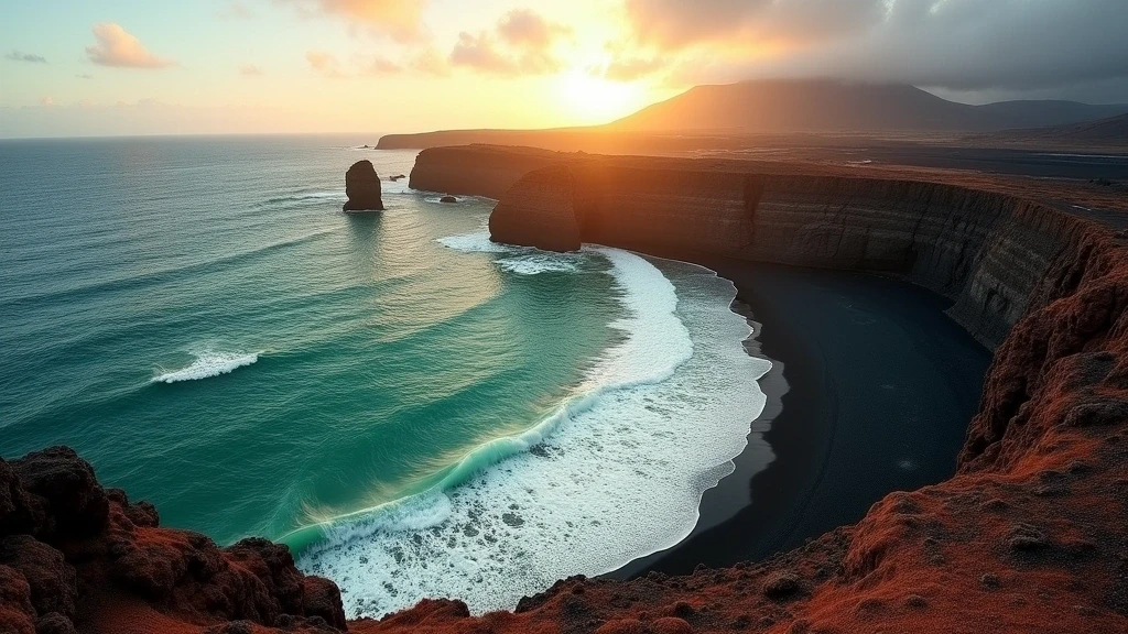 Panoramablick auf die gruene Lagune Charco de los Clicos am schwarzen Strand von El Golfo auf Lanzarote