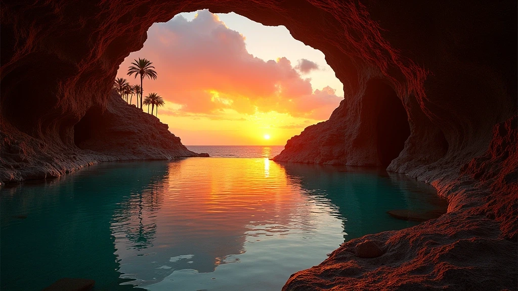 Sonnenuntergang ueber Jameos del Agua auf Lanzarote mit Spiegelung in der unterirdischen Lagune