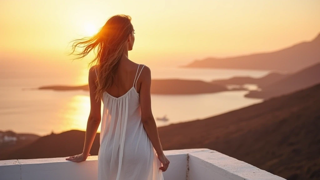 Elegante Frau geniesst Sonnenuntergang am Mirador del Río auf Lanzarote mit Blick auf La Graciosa