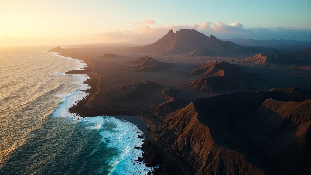Dramatische Luftaufnahme der Vulkankrater im Timanfaya-Nationalpark auf Lanzarote zur goldenen Stunde