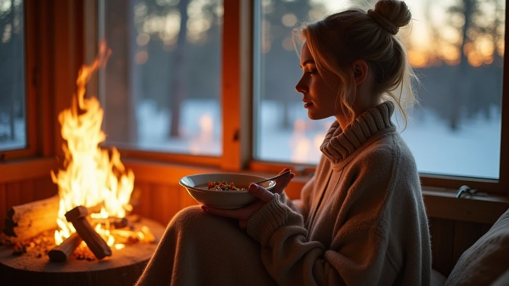 Elegante Frau genießt traditionelle finnische Lachssuppe in Aurora-Hütte in Lappland mit Kaminfeuer