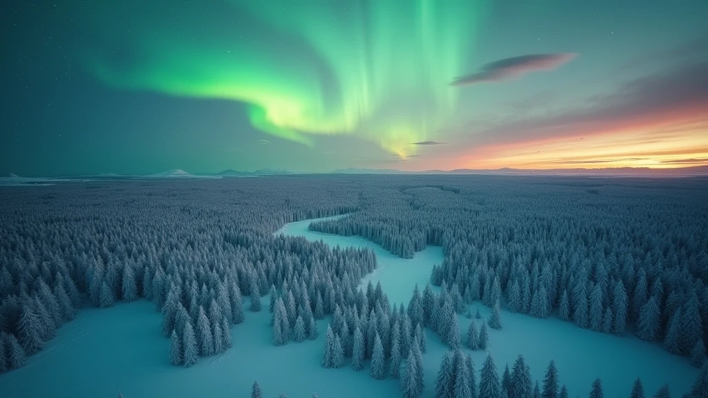 Luftaufnahme der verschneiten Fjelle und borealen Wälder Lapplands unter Nordlichtern zur goldenen Stunde