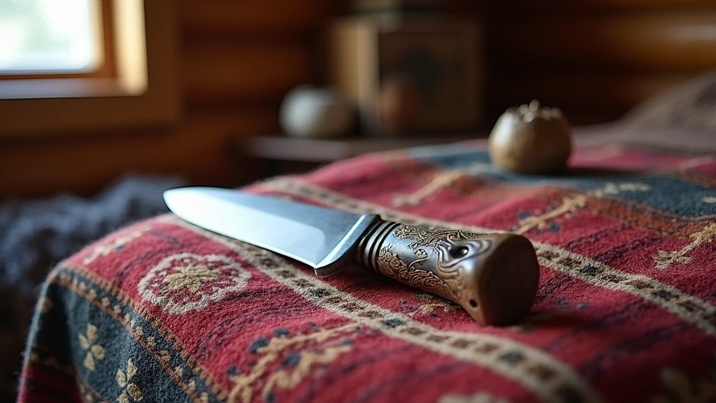 Detailaufnahme von Sámi-Handwerk - Duodji-Messer mit Rentiergeweih - auf traditionellen Textilien in Lappland